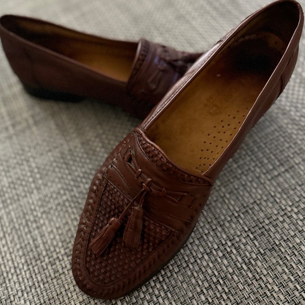 SANDRO MOSCOLONI Mens Delta Brown Tassel Woven Leather Loafer Shoes 11.5D Preppy